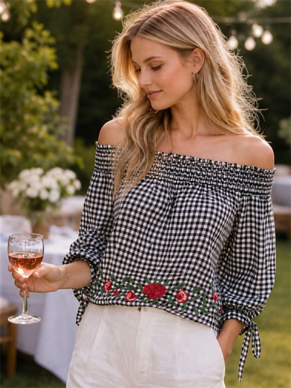 Miss Lili Boho Black White Gingham Off Shoulder Embroidered Peasant Blouse Sz L